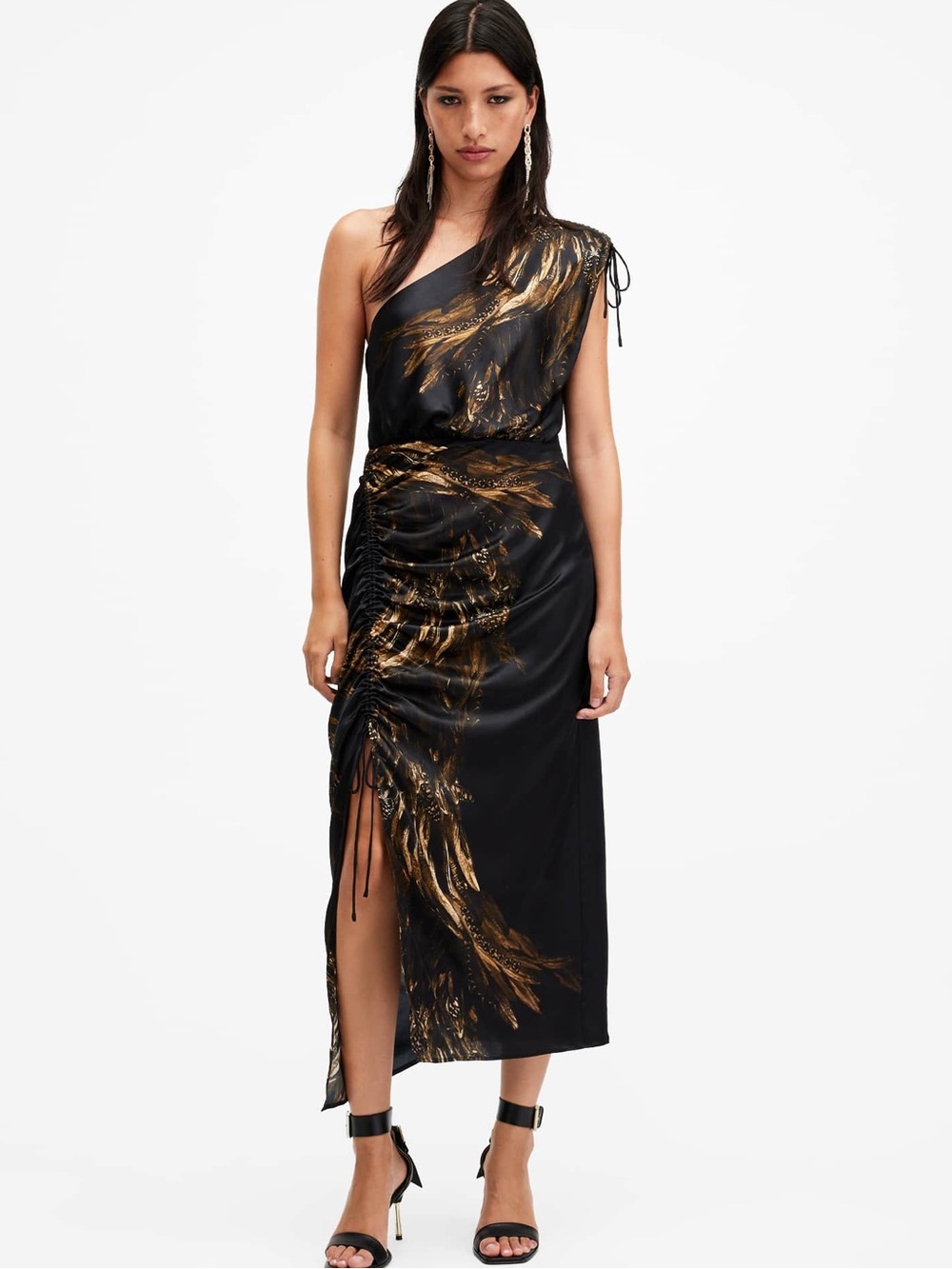 ALL SAINTS Laura Silk Blend One Shoulder Black Gold Maxi Dress Sz 4 Retail $329